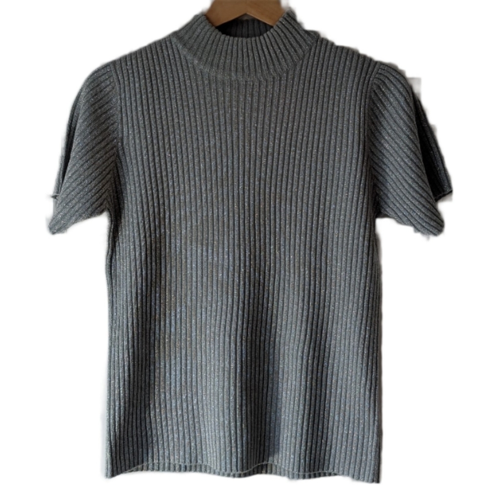 Vintage Metallic Short Sleeve Top Mock Neck Silver Size M